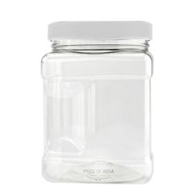 Pride Of India | Clear Food Grade PET Plastic Square Grip Storage Jar w/Cap 6 Jar Pack - 32 FL OZ (3-4 Cup Storage Capacity) | Airtight Seal & Ea