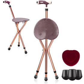 Folding Seat Cane (220lbs): 5-Level Height Adjust, LED Light, Anti-Slip Pads, Aluminum Alloy, Bonus Cushion/3 Foot Pads for Elder-Brown